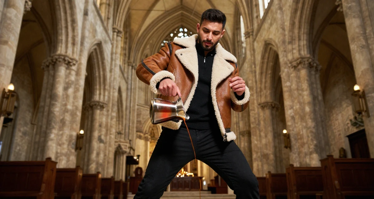 A seductive male From UAE, studied business administration in their 27, accepting that success requires endless reinvention, wearing a warm shearling jacket, crossing legs in a gothic cathedral interior.