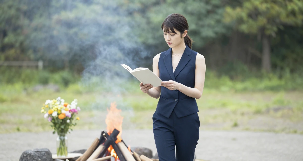 A self-assured Female From Tokyo Japan, studied gravure-style posing and aesthetic direction in their 22, learning how to communicate professionally, wearing a fitted vest top worn without a shirt underneath and slacks, turning a page in a campfire circle.