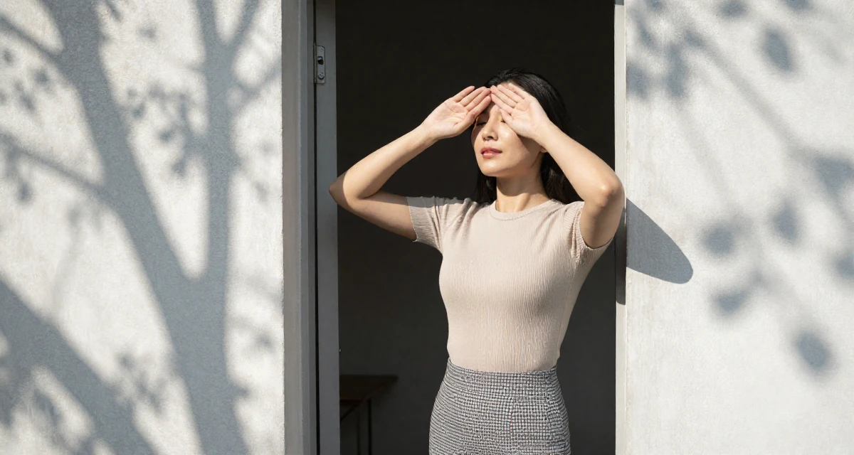 A alert and attentive Female From Macau, studied hospitality management in their 50, launching a second act career with passion, wearing a fitted ribbed top and a check pattern skirt, covering eyes from the sun in a dungeon cell.