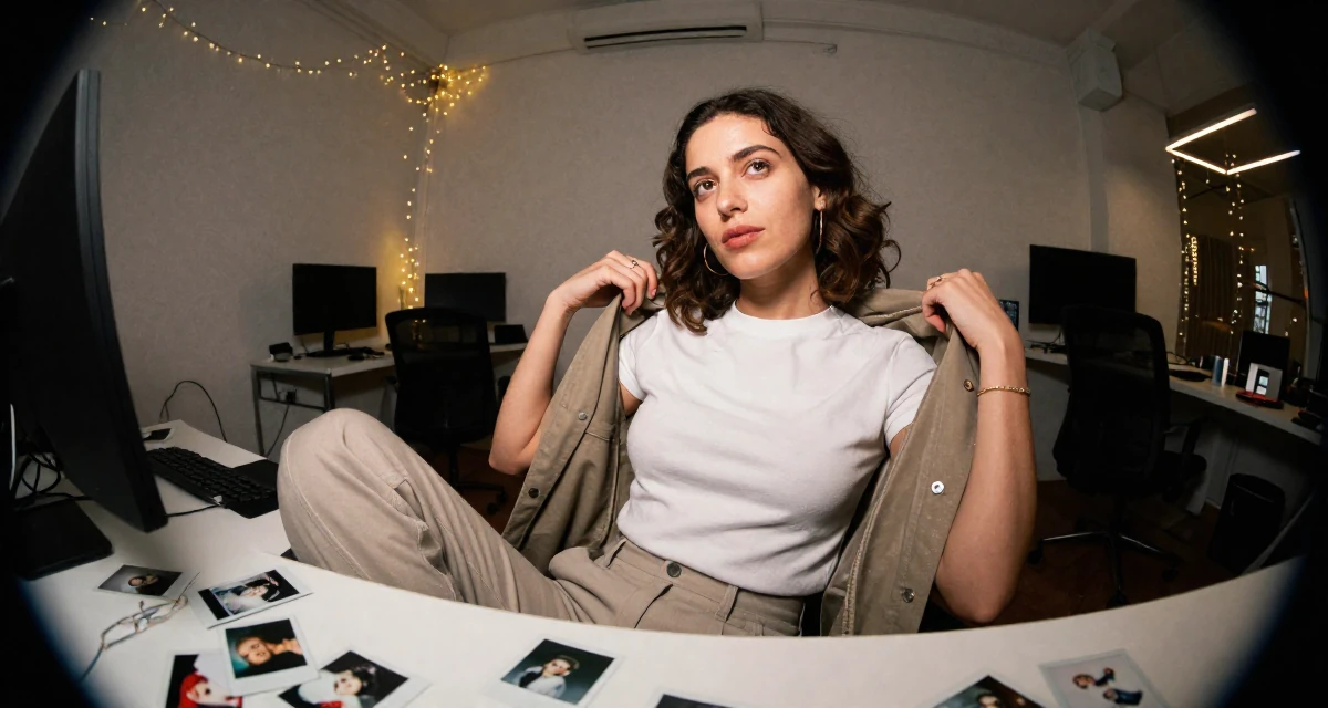 A glowing Female From Portugal, majored in digital storytelling in their 25, feeling empowered posting subtly provocative looks, wearing a clean, neutral-toned casual outfit, putting on a jacket in a office workspace.