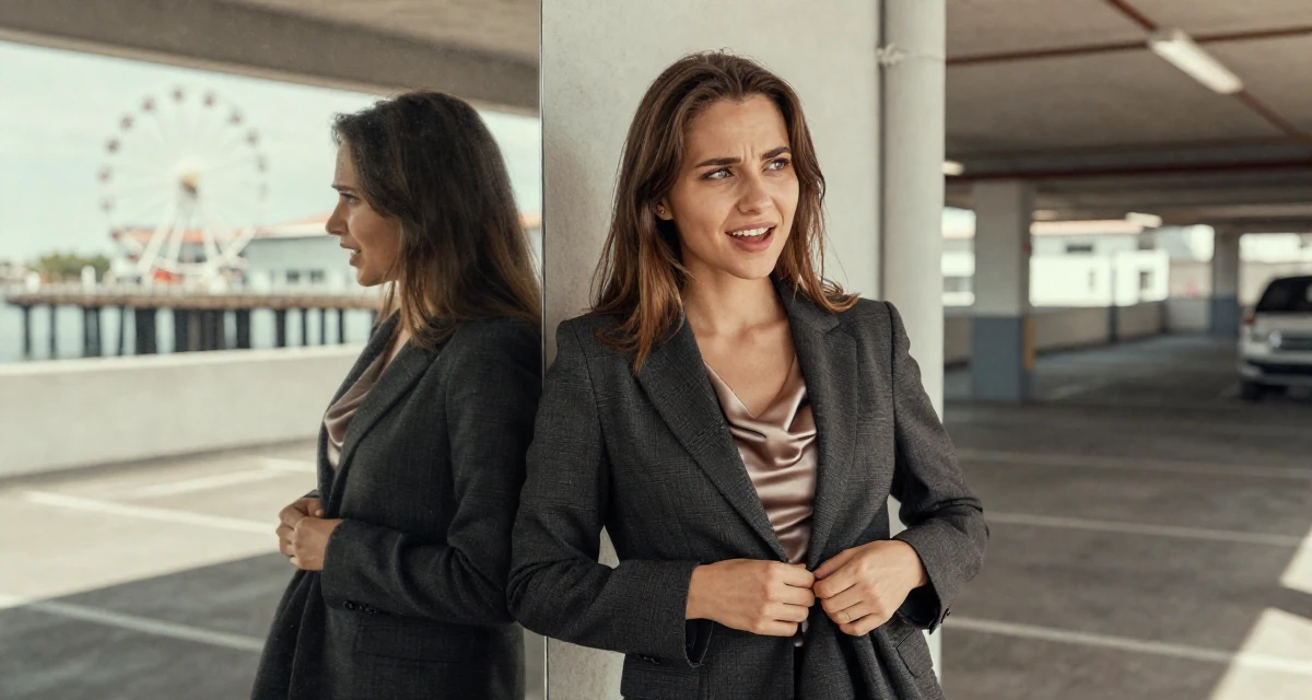 A enthusiastic Female From Russia, studied linguistics and translation in their 21, feeling the anxiety of impending graduation, wearing a satin cowl neck top under a business suit, buttoning up a jacket in a underground parking garage.