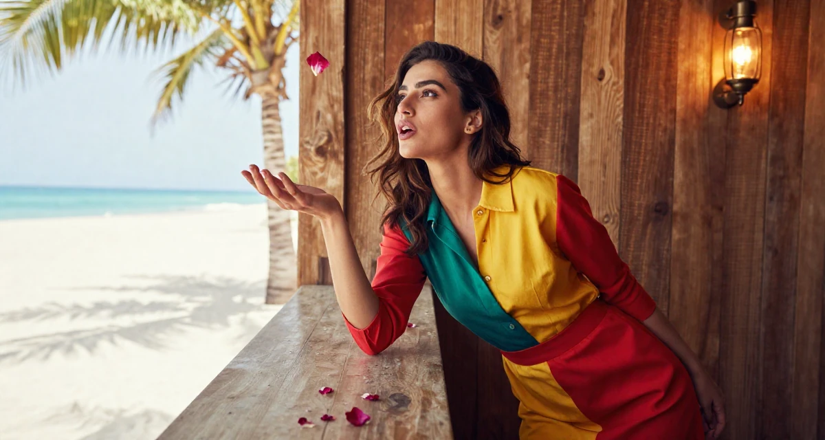 A playful and energetic Female From Afghanistan, majored in agricultural science in their 25, balancing social life with evolving ambitions, wearing a bold color-block outfit, catching a falling flower petal in a tropical white sand beach.