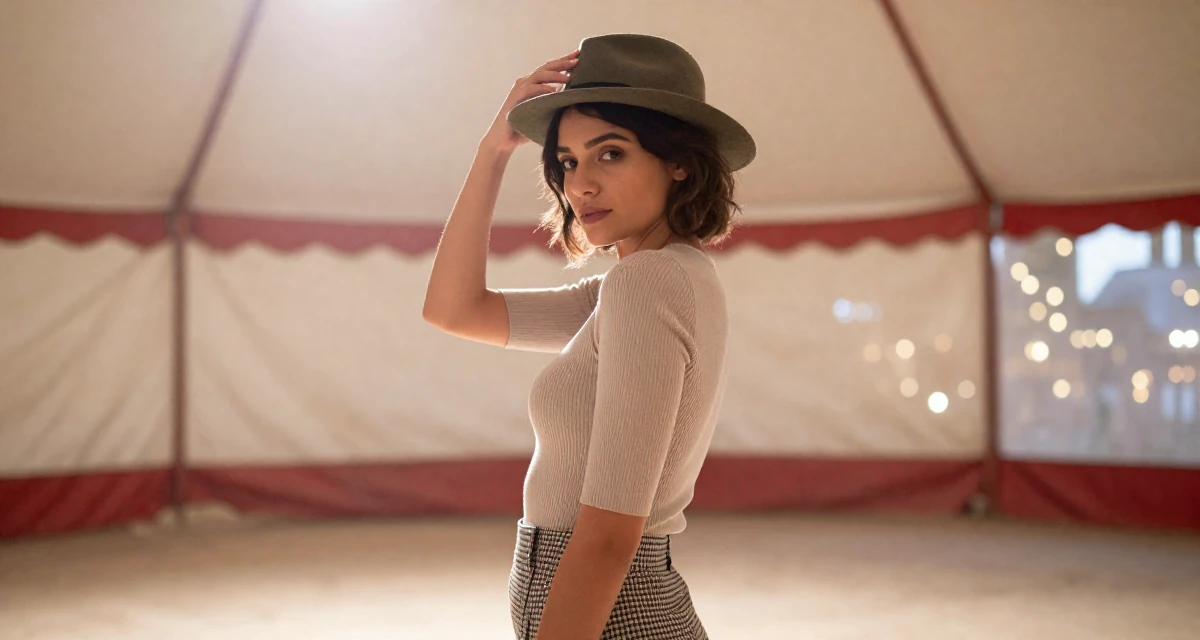 A composed Female From Algeria, studied visual communication in their 22, realizing their parents were right about sleep, wearing a fitted ribbed top and a check pattern skirt, adjusting a hat in a circus tent interior.