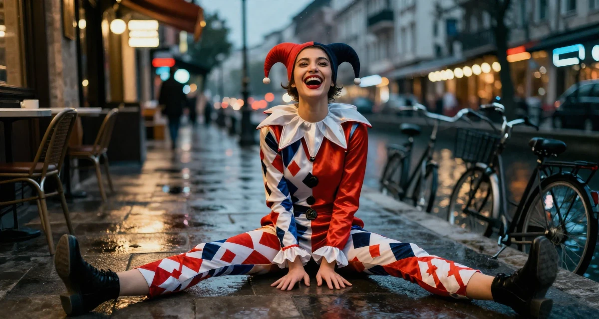 A sophisticated Female From Turkey, majored in mechatronics in their 22, realizing that “overnight success” is a lie, wearing a harlequin jester costume with a diamond pattern, laughing uncontrollably in a high-end restaurant.