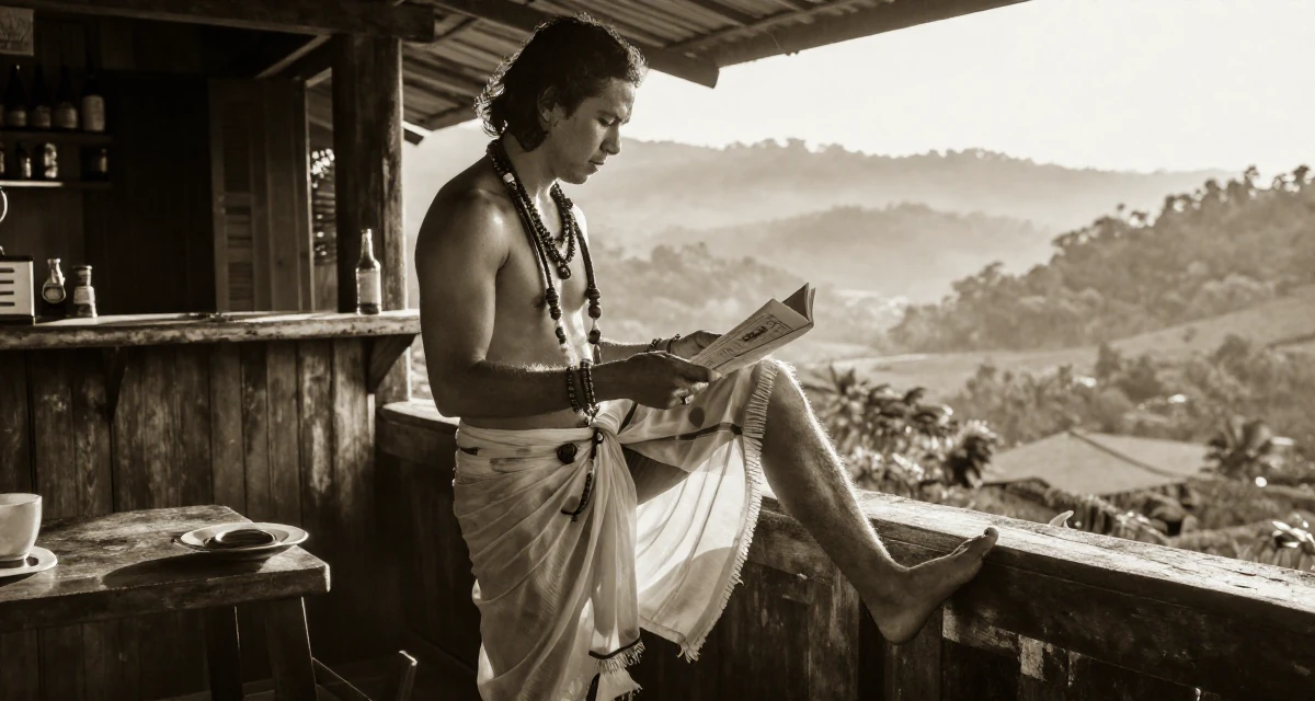 A thoughtful male From Penang Malaysia, studied UI/UX design in their 49, preparing for a spiritual pilgrimage, wearing a sheer sarong skirt over a swimsuit, turning a page in a dimly lit jazz bar.