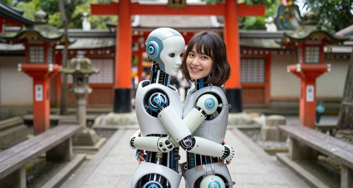 A bright and optimistic Female From England, studied film and television in their 21, seeking internships and professional validation, wearing a cybernetic doll outfit with porcelain-like skin textures, glancing over the shoulder in a Japanese Shinto shrine.