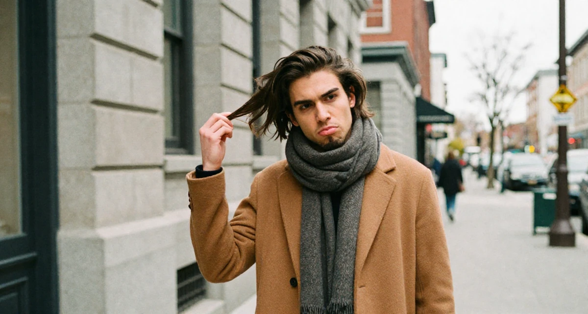 A pouting male From Canada, based in Montreal, graduated from a design program majoring in intimate visual arts in their 21, hiding insecurity behind a perfect makeup look, wearing a layered autumn coat and scarf, twirling a lock of hair in a historic downtown.
