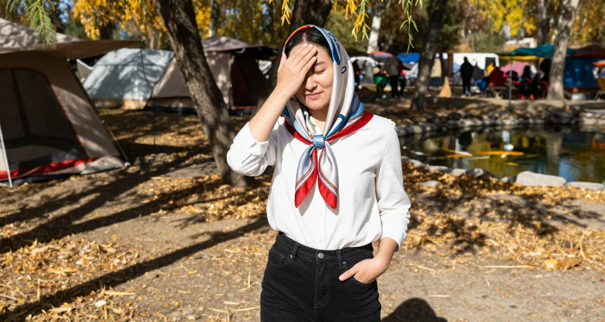 A victorious Female From Mongolia, based in Ulaanbaatar, graduated from a national university majoring in media studies in their 24, hiding stress behind carefully curated posts, wearing a silk scarf tied around the neck of a white shirt, sliding a hand into a pocket in a camping site.