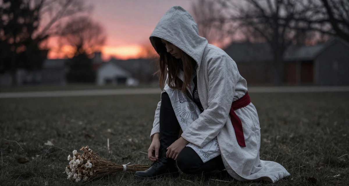 A distracted Female From Canada, trained in culinary arts in their 25, developing discipline through daily habits, wearing a assassin creed style hooded robe and tunic, looking down at shoes in a quiet park.