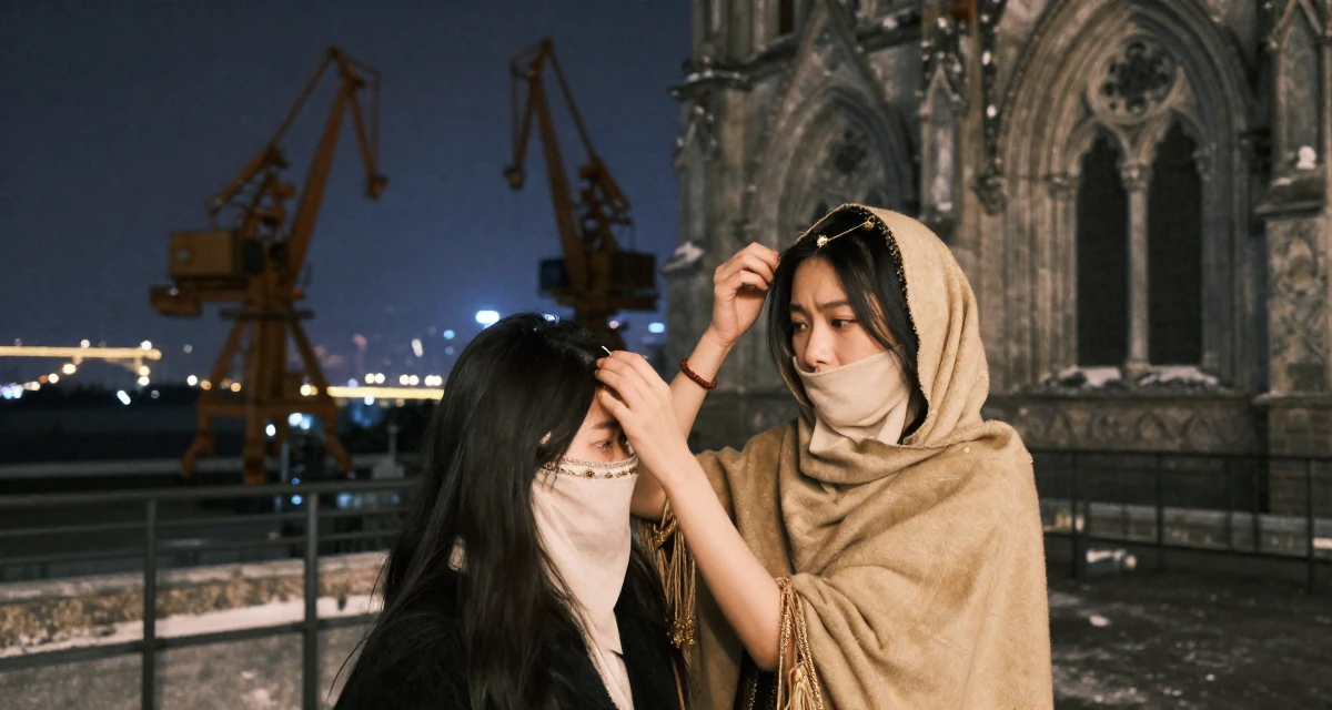 A content Female From Chongqing China, holds a degree in psychology in their 20, feeling a mix of excitement and deep anxiety, wearing a desert nomad wrap outfit with a face veil, adjusting a hairpin in a gothic cathedral interior.