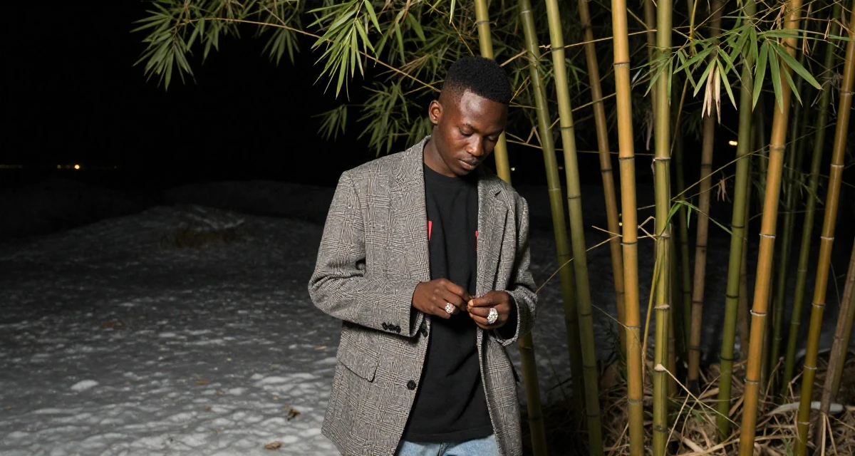 A composed male From Cameroon, majored in applied statistics in their 25, managing tight budgets as a student, wearing a oversized blazer draped over the shoulders, playing with a ring in a desert landscape.