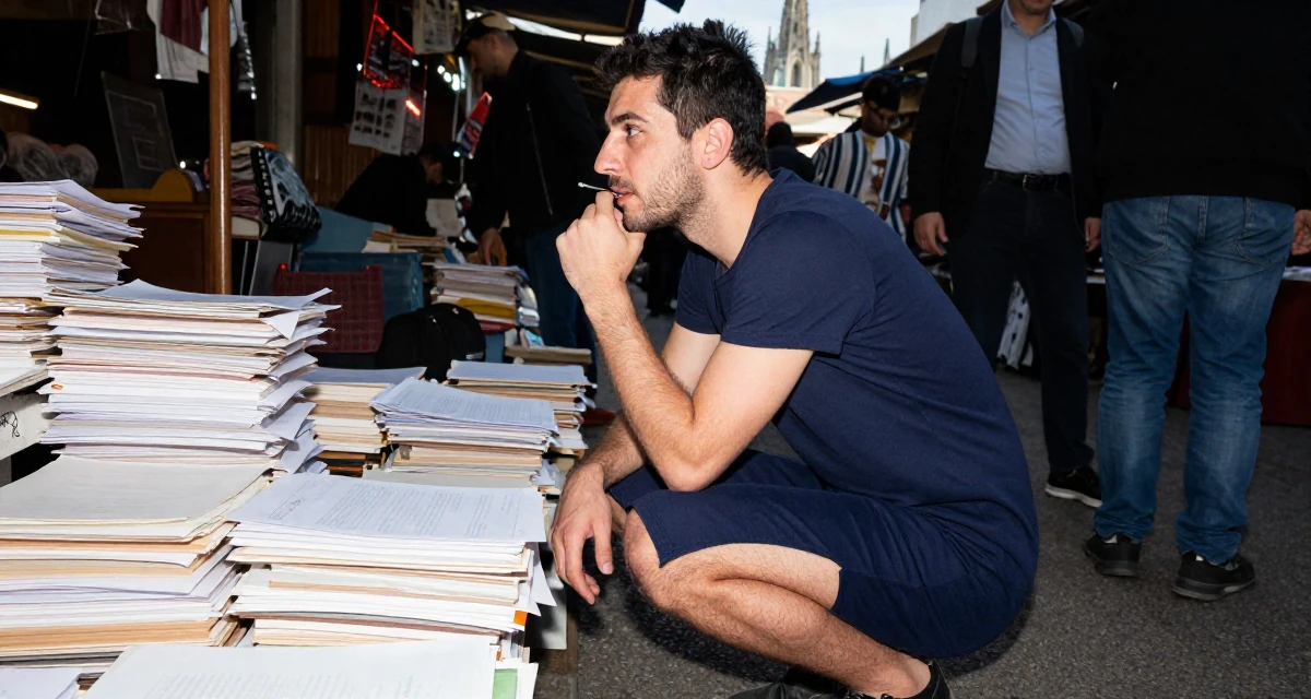 A harmonious male From Ankara Türkiye, practiced intimate photography aesthetics in their 22, facing judgment from people who don’t understand creator life, wearing a navy blue pencil skirt with a back slit, chewing on a pen thoughtlessly in a bustling market.