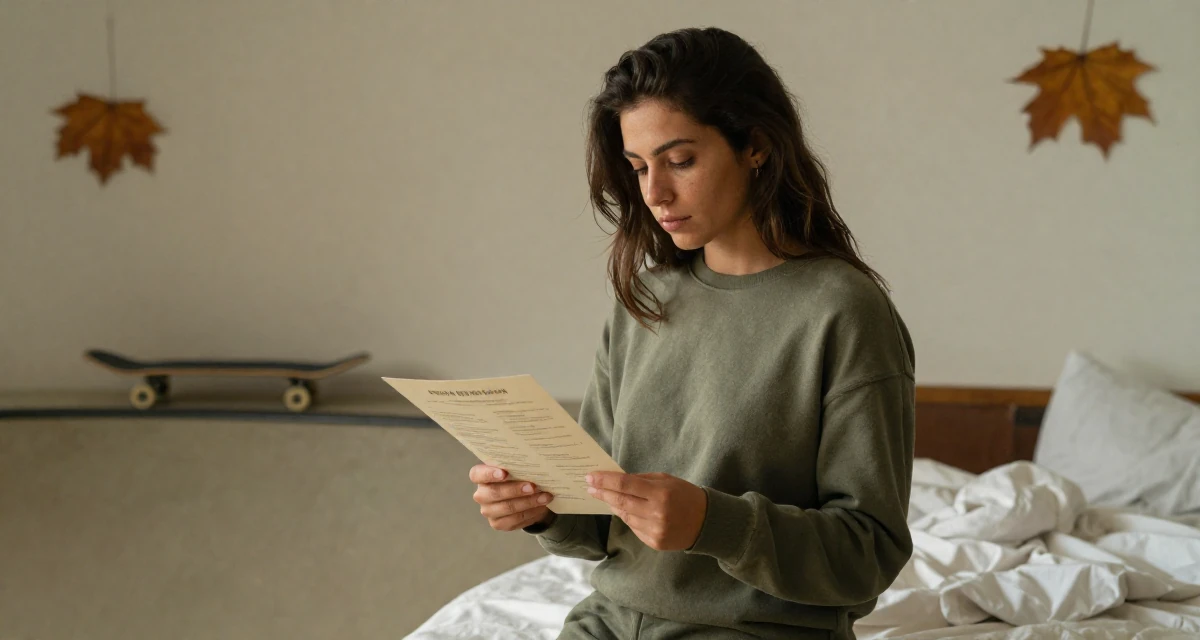 A thoughtfully silent Female From Alexandria Egypt, practiced creative self-portraiture in their 26, sacrificing social life for editing deadlines, wearing a muted olive green tones, looking at a menu in a skate park.