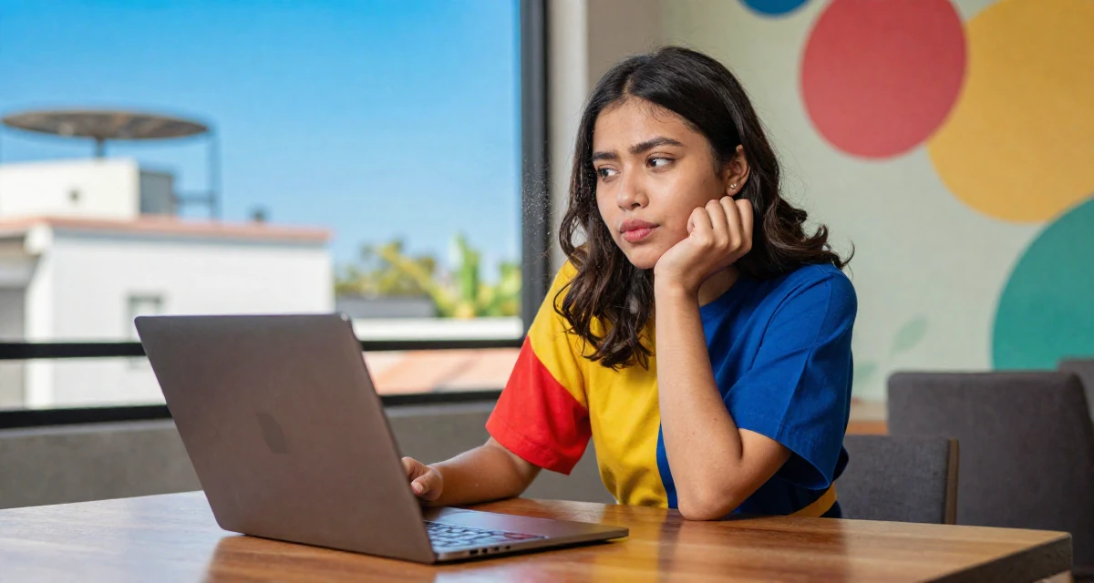 A aloof but intriguing Female From Jakarta Indonesia, majored in fashion merchandising in their 22, experimenting with online creative platforms, wearing a bold color-block outfit, kicking up dust playfully in a dining room.