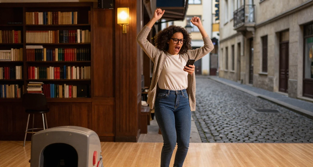 A anxious but excited Female From Brazil, studied architecture and urban planning in their 27, feeling stuck between passion and survival, wearing a librarian outfit with glasses and a tight cardigan, checking a phone in a bowling alley.