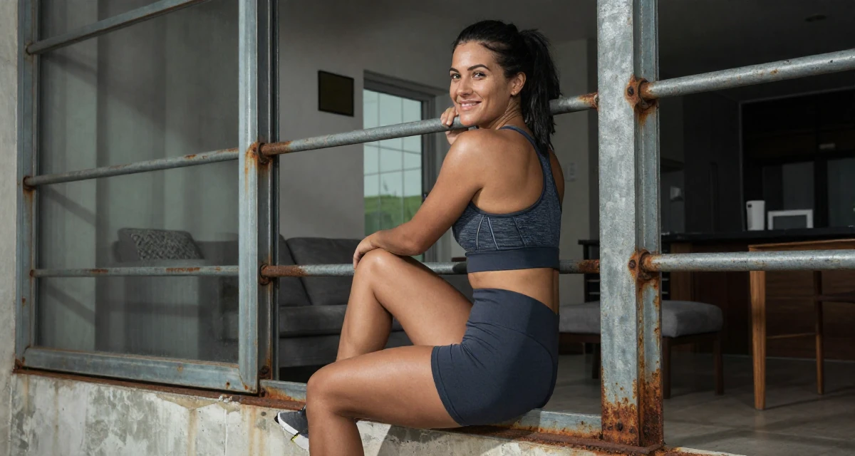 A bashful Female Once a lifeguard, now shooting athletic, beach-centered content in their 25, looking back at 21 with a wise smile, wearing a cropped gym top and high-cut running shorts, grabbing a railing for support in a modern apartment living room.