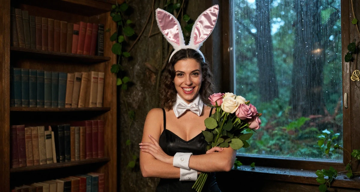 A triumphant Female From Bulgaria, based in Varna, graduated from an arts college majoring in atmospheric performance aesthetics in their 22, refining flirty messaging styles without oversharing, wearing a playful bunny girl costume with satin ears and cuffs, holding a bouquet in a magical forest clearing.