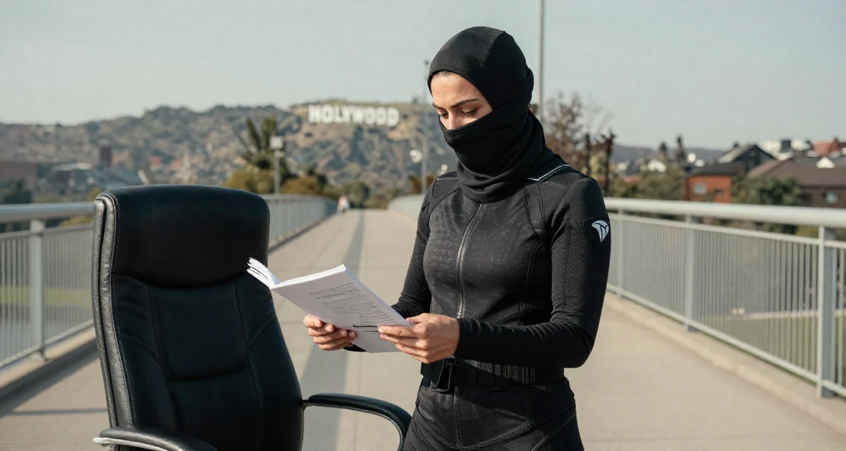 A reserved Female From Manchester United Kingdom, studied sports science in their 22, trying to scale content while keeping privacy safe, wearing a tech-wear ninja outfit with a face mask, turning a page in a bridge walkway.