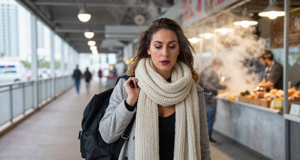 A zen-like Female From Miami USA, studied body aesthetics and bikini competition prep in their 29, letting go of the need to please everyone, wearing a heavy knit scarf and coat, holding a jacket over a shoulder in a bridge walkway.