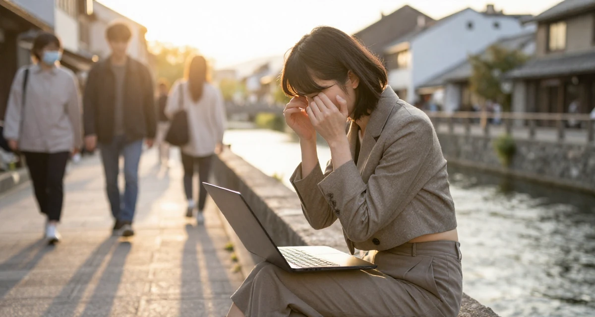 A resilient Female From Japan, majored in animation in their 22, managing multiple social platforms for promotion, wearing a cropped blazer and high-waisted trousers set, rubbing eyes in a quaint European street.