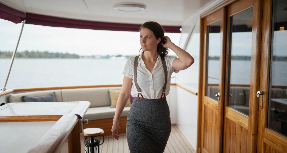 A determined Female From Finland, studied applied linguistics in their 36, sharing realistic fitness routines for busy people, wearing a high-waisted skirt with suspenders and a shirt, tucking hair behind an ear in a yacht deck.
