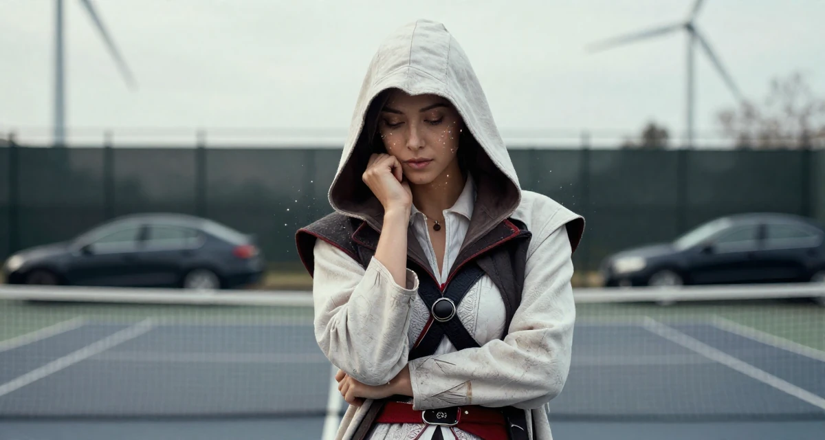 A placid Female Once a freelance translator, now exploring multilingual creator content in their 25, developing a stronger creator identity and niche, wearing a assassin creed style hooded robe and tunic, leaning head on a hand in a tennis court.