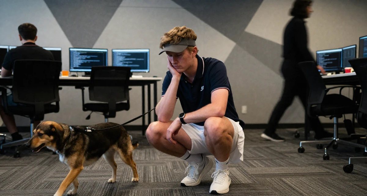 A melancholic male From UK, studied law at a prestigious university in their 33, teaching coding and tech skills online, wearing a tennis player outfit with a visor and white skirt, walking a dog (leash visible) in a conference room.