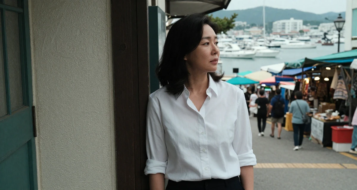 A enigmatic Female From South Korea, based in Busan, graduated from a design institute majoring in visual communication in their 40, inspiring others to chase dreams at any age, wearing a crisp button-up with rolled sleeves, leaning against a door in a quiet park.