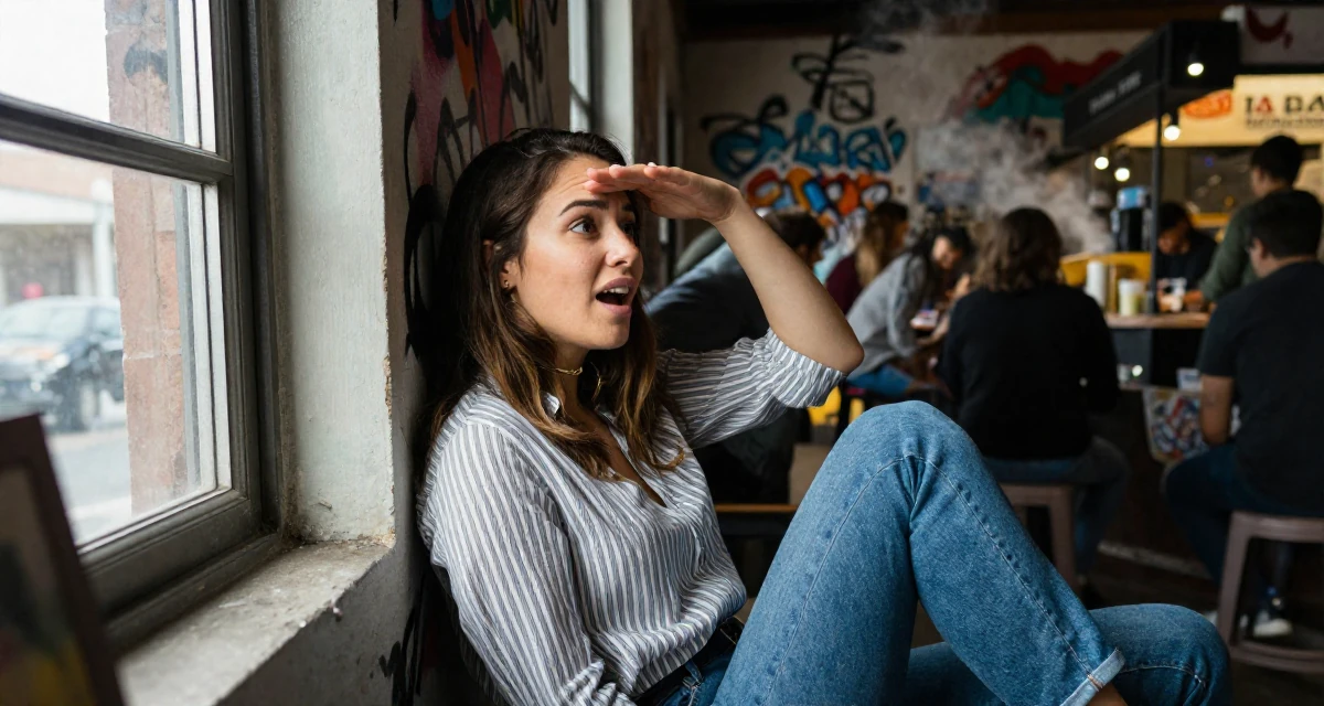 A anxious but excited Female From USA, has a background in real estate in their 23, balancing risk-taking with stability needs, wearing a classic striped shirt and jeans, shading eyes from the sun in a graffiti art wall.