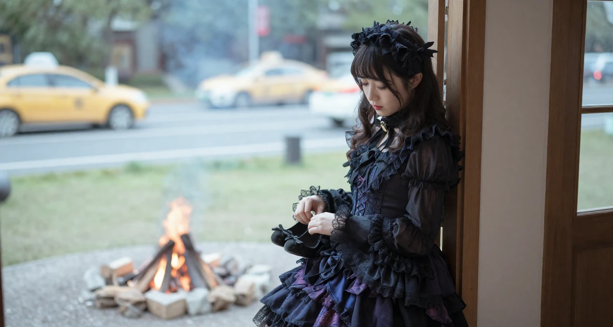 A placid Female From Chinese-speaking regions, majored in marketing analytics in their 33, documenting a weight loss and health journey, wearing a elaborate gothic lolita dress with frills and lace, looking down at shoes in a campfire circle.
