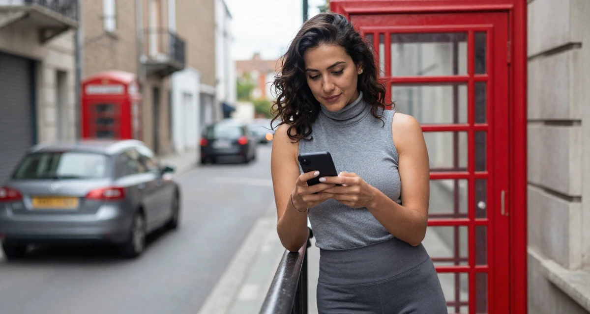 A soft Female Once a freelance translator, now exploring multilingual creator content in their 31, starting fitness journey, wearing a sleeveless turtleneck top and tailored cigarette pants, reading a text message in a quiet alleyway.