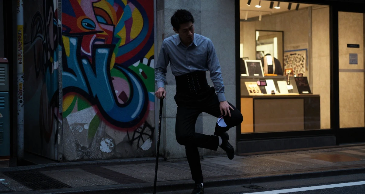 A witty male From Japan, based in Fukuoka, graduated from a media college majoring in soft-glam creative production in their 22, navigating the confusing world of office politics, wearing a button-up shirt with a corset belt and black pants, pulling up a sock in a urban street.