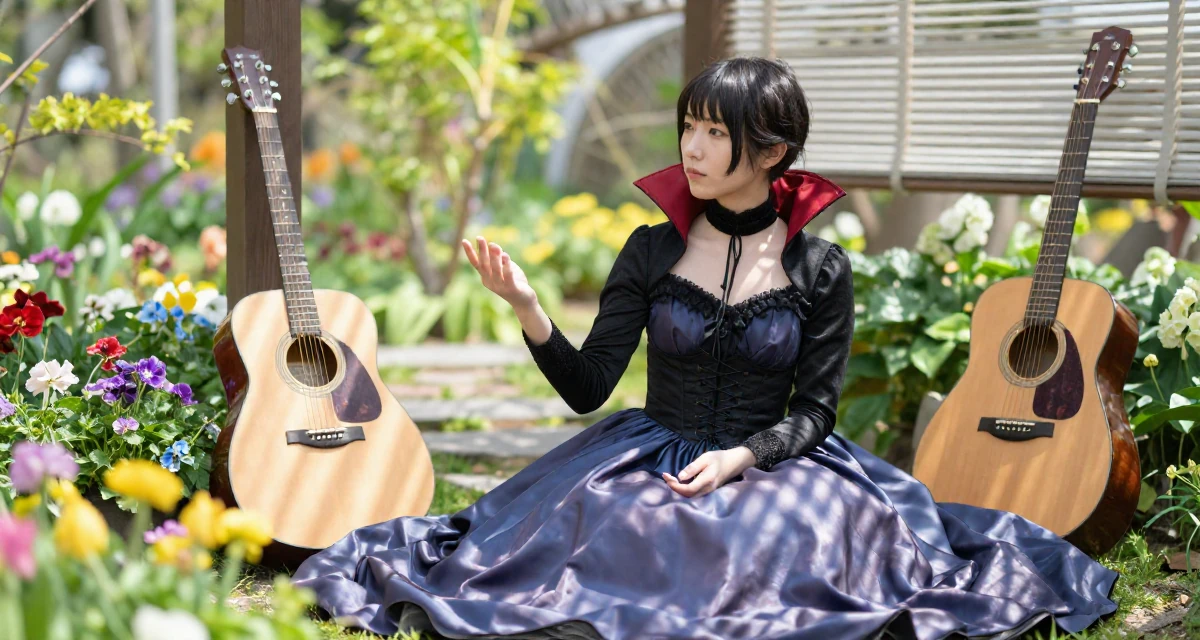 A reflective Female From Japan, studied English literature in their 24, juggling edits, shoots, and a boss who texts on weekends, wearing a vampire queen gown with a high collar and corset, inspecting fingernails in a botanical garden.