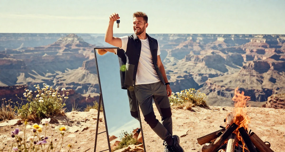 A spirited male From Czech Republic, studied photography and cinematography in their 38, reviewer of high-end tech products, wearing a modern tech-wear inspired look, holding a set of keys in a campfire circle.
