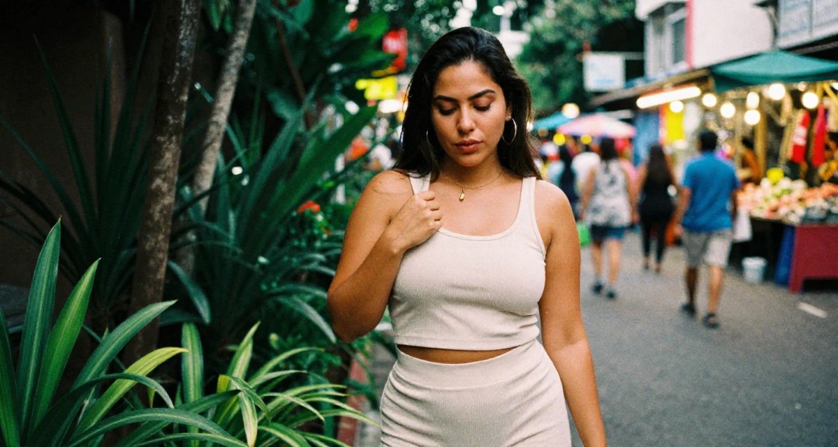 A bold and charismatic Female From Nicaragua, majored in sports science in their 25, pushing through rejection from collab requests, wearing a ribbed lounge set that hugs the curves, gripping a lapel in a neon-lit street.