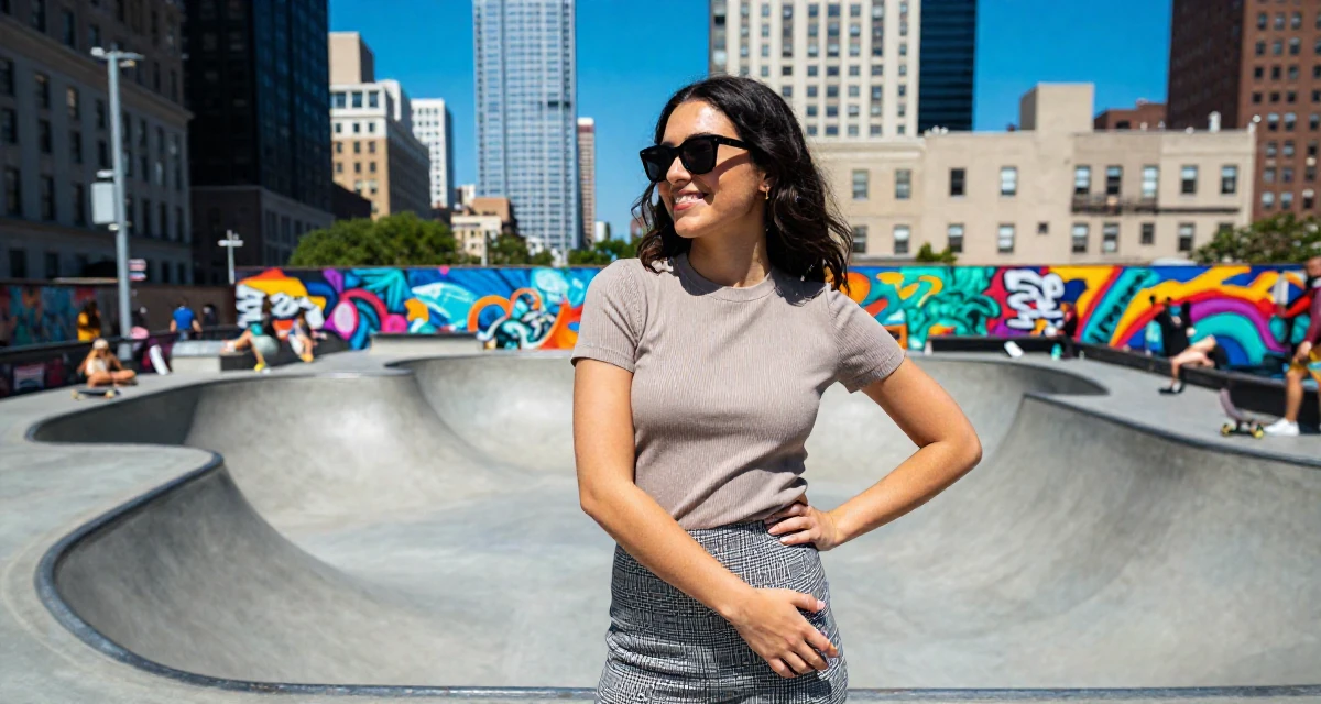 A upbeat Female Once a junior marketing intern, now a full-time creator in their 20, unsure of their major but faking confidence, wearing a fitted ribbed top and a check pattern skirt, lowering sunglasses to look out in a skate park.