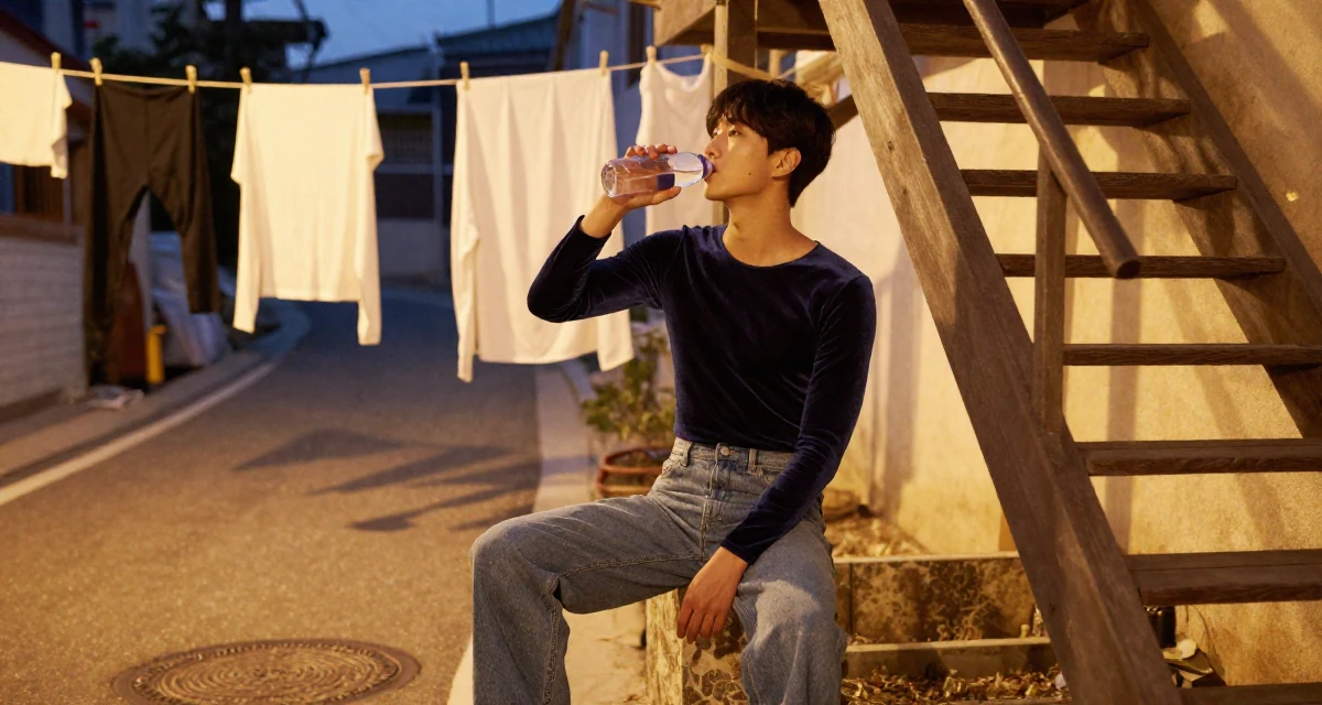 A thoughtfully silent male From Seoul South Korea, studied K-style beauty and content editing in their 23, trying to collaborate with other creators for visibility, wearing a velvet bodysuit and high-waisted mom jeans, drinking from a water bottle in a country road.