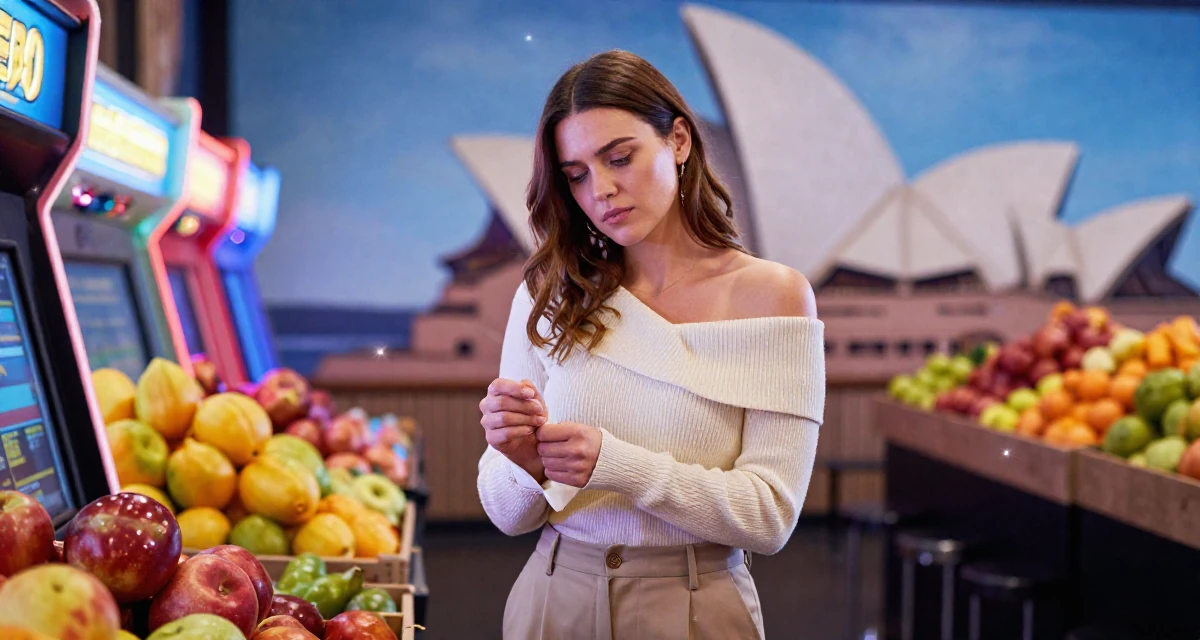 A tired Female Born in Wales, majored in education studies in their 25, upgrading equipment slowly as earnings grow, wearing a off-the-shoulder knit top and dress pants, fixing a cufflink in a arcade room with neon lights.