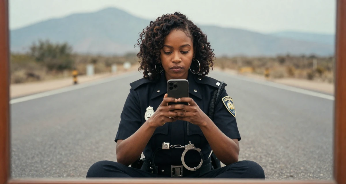 A aloof Female From Zimbabwe, studied computer programming in their 34, ex-corporate lawyer turned yoga instructor, wearing a police officer uniform with a badge and handcuffs, texting with both thumbs in a fashion runway.