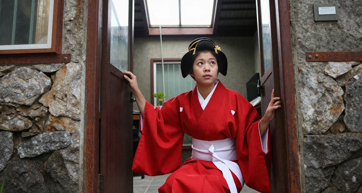 A yearning Female From Johor Malaysia, studied early childhood education in their 24, taking creative work more seriously, wearing a traditional Japanese miko priestess robe in red and white, pushing a door open in a radio station.