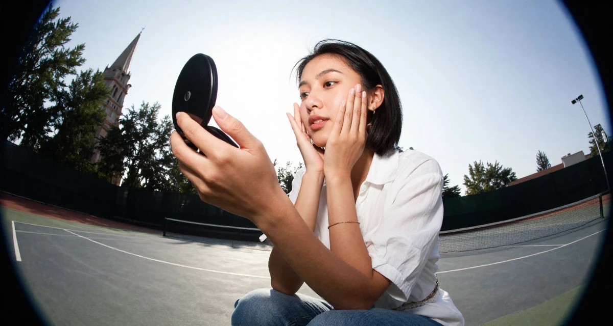 A affectionate Female From Mongolia, majored in history and culture in their 22, learning that fans disappear as fast as they come, wearing a effortless white blouse and jeans, checking makeup in a compact mirror in a tennis court.