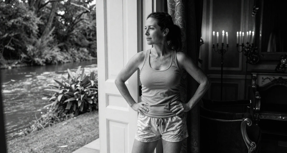 A quiet Female From USA, trained as a yoga instructor in their 41, documenting a mid-life fitness transformation, wearing a fitted racerback tank and pajama shorts, leaning against a door in a royal palace throne room.