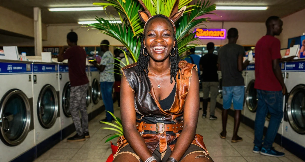 A solemn Female From Mombasa Kenya, studied hospitality in their 25, considering expanding into TikTok or Reddit promo, wearing a post-apocalyptic scavenger outfit with distressed leather, laughing uncontrollably in a laundromat with neon signs.