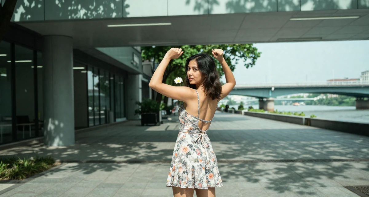 A innocent Female Once a pastry chef, now blending cooking with playful creator energy in their 32, building a personal brand on LinkedIn, wearing a backless summer sundress in a floral print, holding a single flower in a pedestrian plaza.