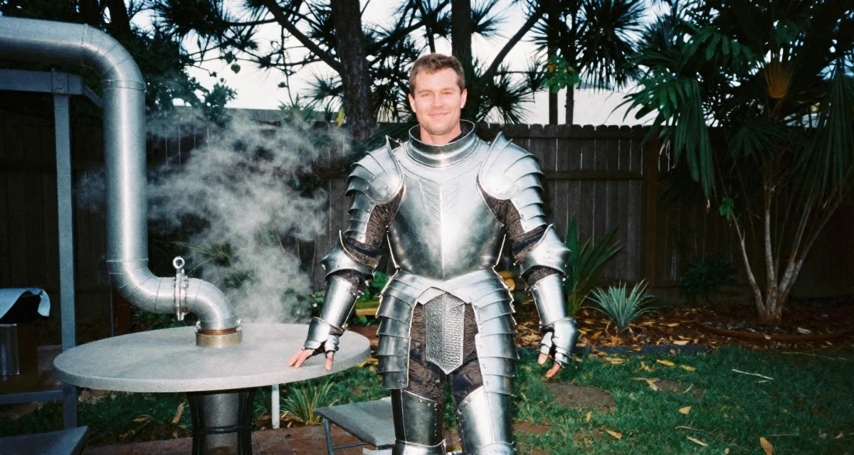 A smiling gently male From Brisbane Australia, majored in physiotherapy in their 37, rebuilding savings after unexpected expenses, wearing a fantasy warrior princess armor made of silver metal, resting hands on a table in a backyard garden.