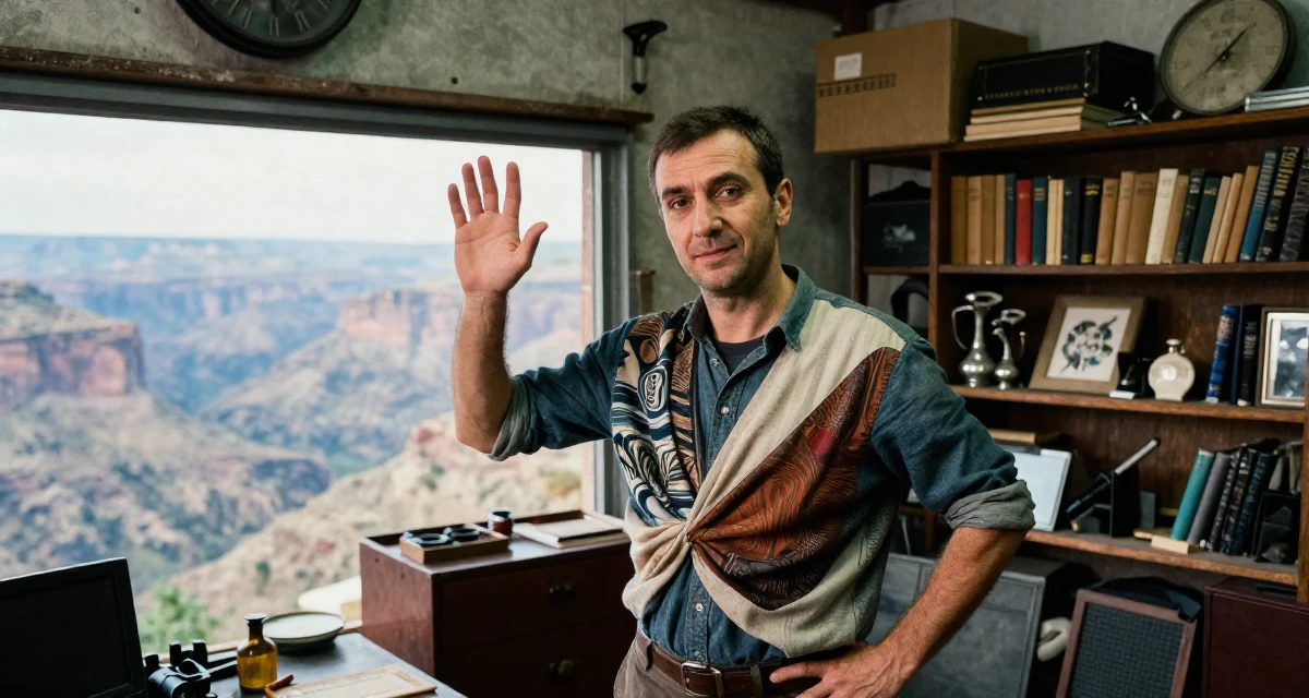 A resilient male Raised in Romania, studied entertainment marketing in their 49, expert in antique restoration and design, wearing a artistic layered clothing, waving to someone in a mechanic garage.
