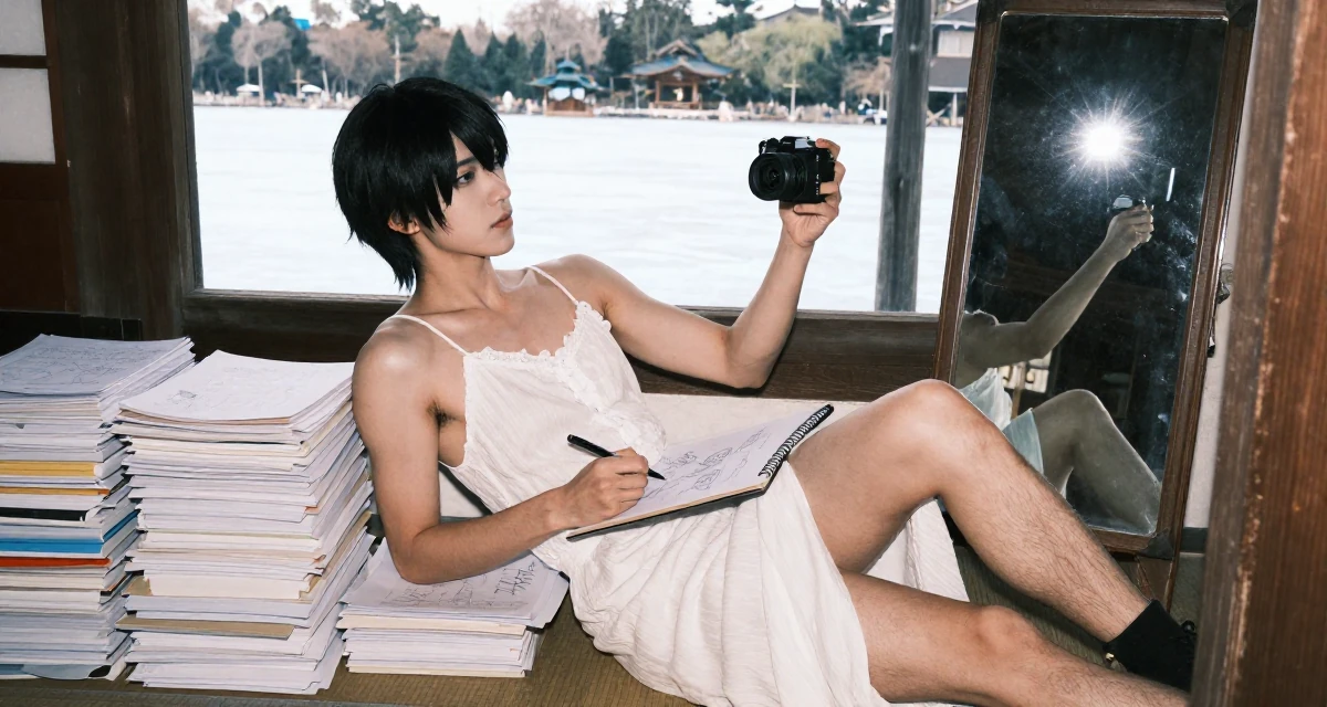 A soulful male From Qatar, majored in media production and editing in their 22, experimenting with cosplay or themed shoots, wearing a spaghetti strap summer dress with a high slit, sketching on a pad in a Japanese Shinto shrine.