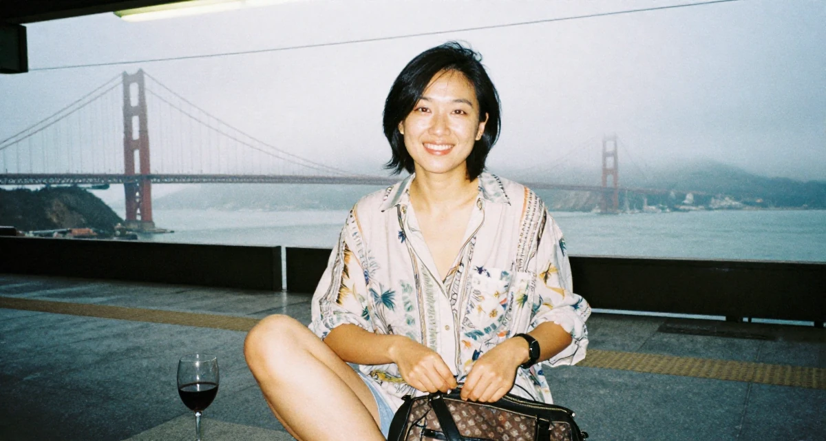 A cheerful Female From Shanghai China, majored in journalism in their 25, feeling established in their chosen field, wearing a relaxed vacation shirt, zipping up a bag in a train platform.