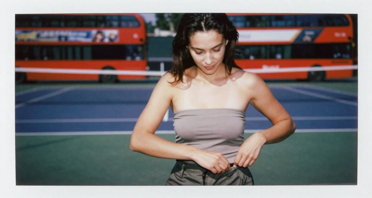 A soft Female From Netherlands, studied digital media and interaction design in their 24, glowing with the confidence of experience, wearing a strapless tube top and cargo pants, reaching for a pocket in a tennis court.
