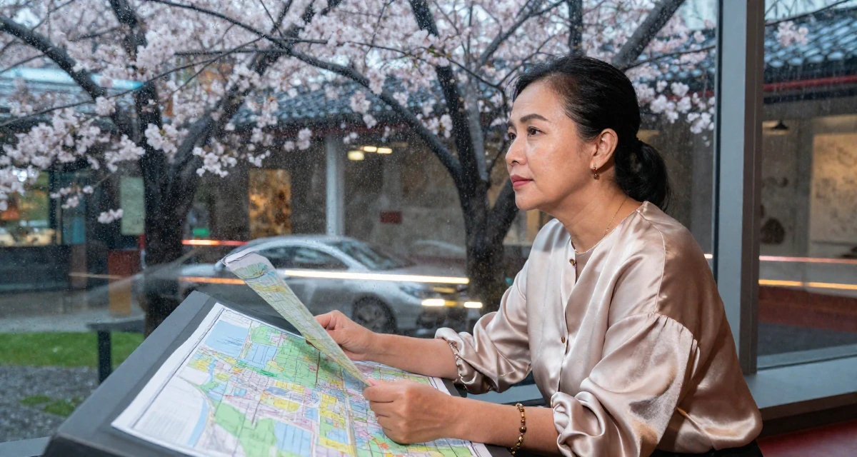 A zen-like Female From Johor Malaysia, studied early childhood education in their 34, focusing on skincare and graceful aging, wearing a silk blouse with oversized cuffs, looking at a map in a museum exhibit.